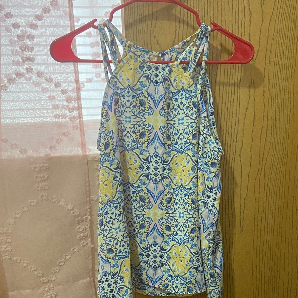 Pink Rose- Blue and Yellow Patterned Tank Top